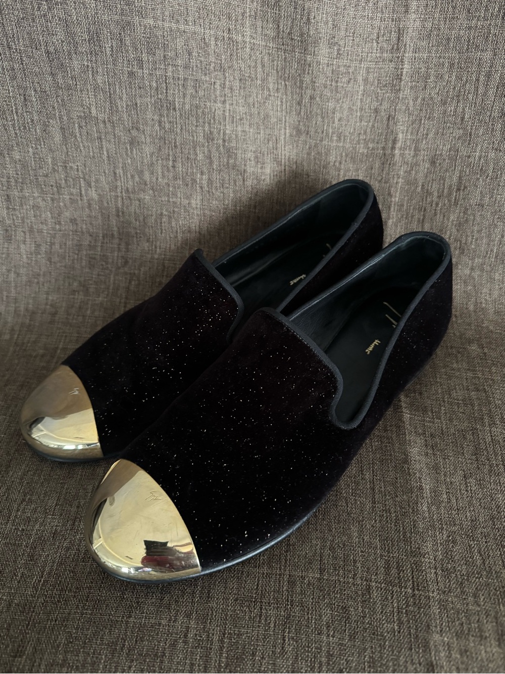 Giuseppe Zanotti Black Velvet Slip-Ons with Gold Cap Toe
